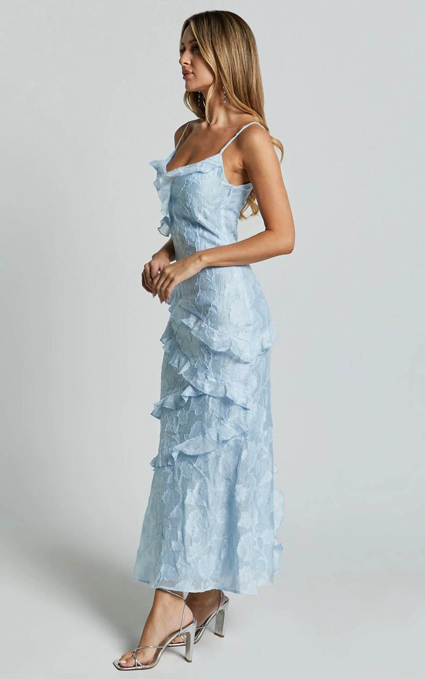 Michaela Midi Dress - Jacquard Ruffle Detail Tiered Dress In Light Blue