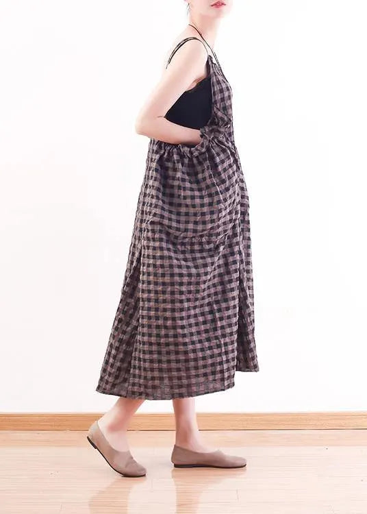French gray Plaid cotton Long Shirts Omychic design Spaghetti Traveling Summer Dresses