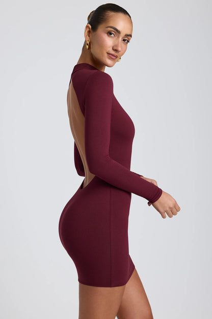 Modal Open-Back Long-Sleeve Mini Dress In Plum