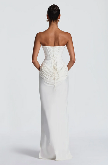 White Beaded Strapless Corset Lace-Up Ruched Maxi Dress | Luxury Elegant Wedding Evening Gown