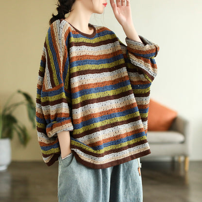 Women Autumn Color Matching Stripe Knitted Sweater