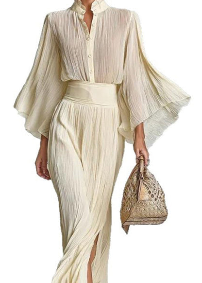 Stylish Beige Ruffled Side Open Shirts And Skirts Cotton Two Pieces Set Spring