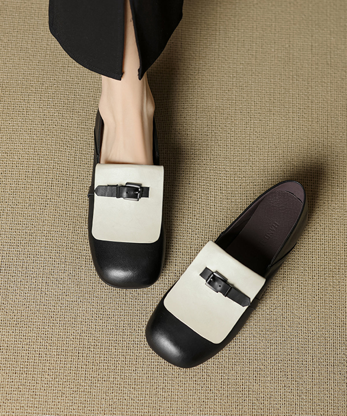 Beige Cowhide Leather Splicing Loafers For Women