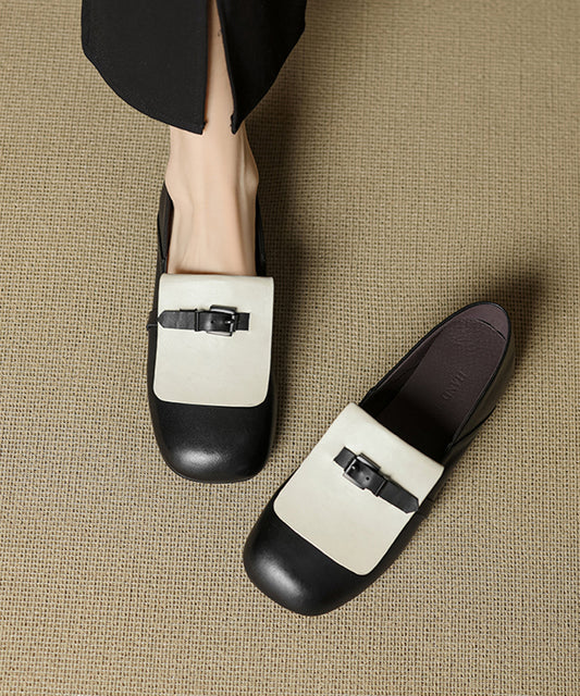 Beige Cowhide Leather Splicing Loafers For Women