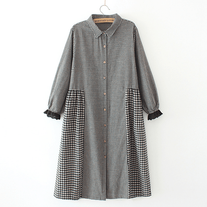 Oversize patchwork cotton Dresses Wardrobes Tunic Tops yellow plaid Dress