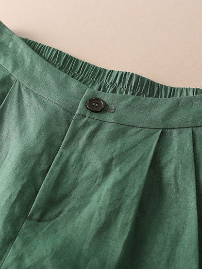High Waist Solid Color Wide Leg Ninth Linen Pants
