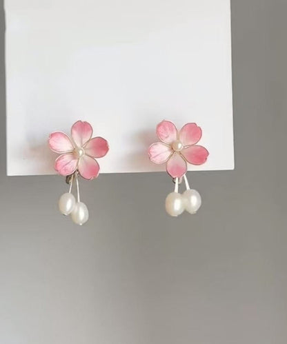 Cute Pink Alloy Pearl Floral Drop Earrings