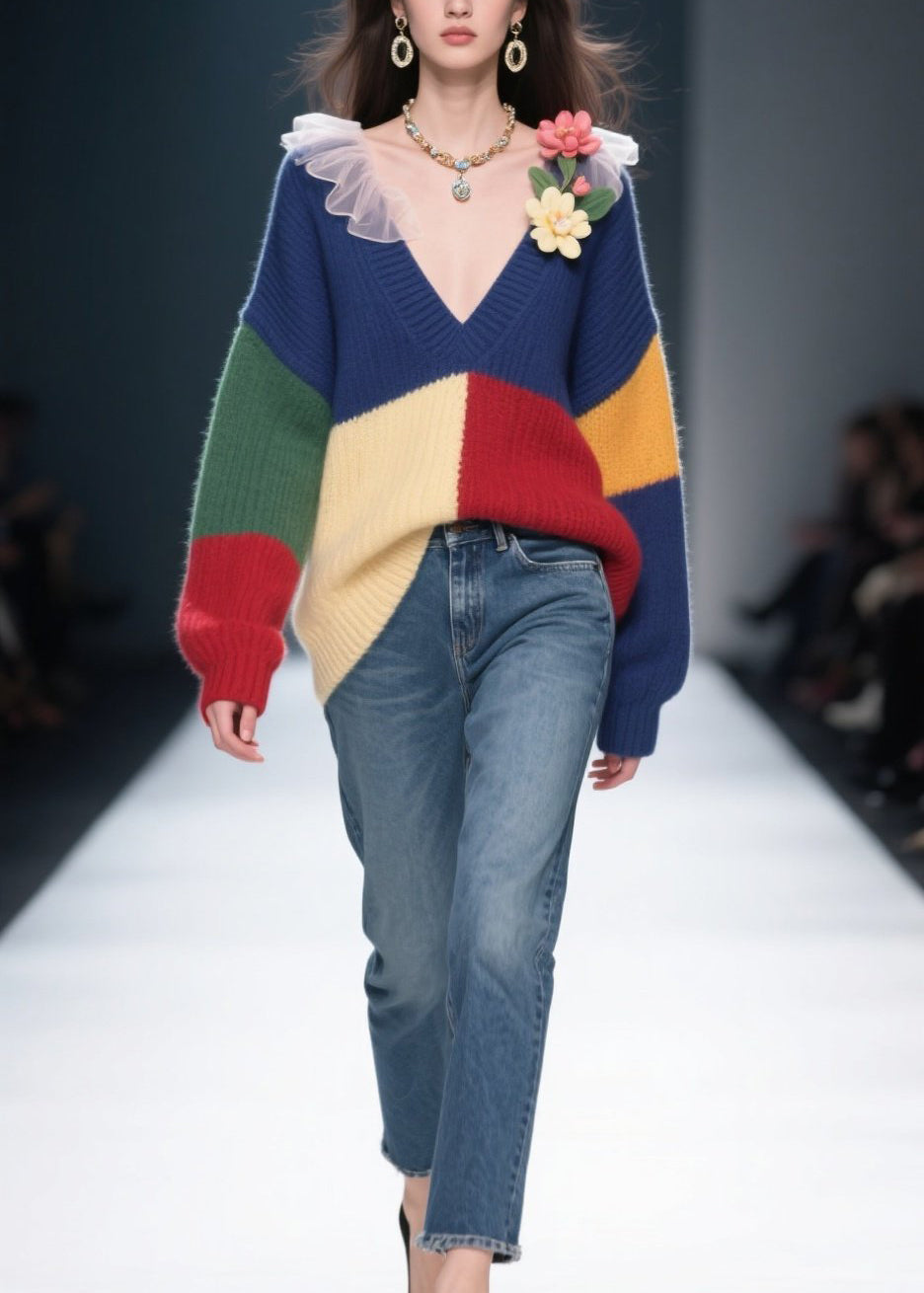 Plus Size Colorblock V Neck Floral Knit Sweaters Winter