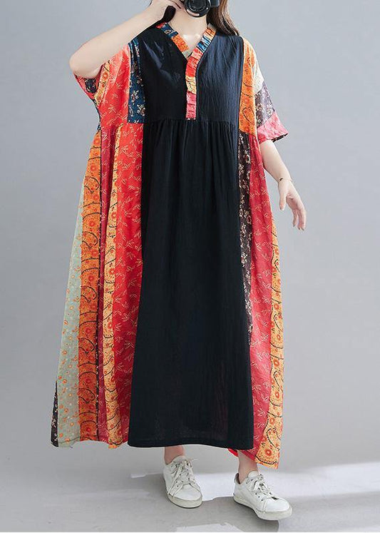 DIY Red Print Tunic V Neck Patchwork  Spring Dresses