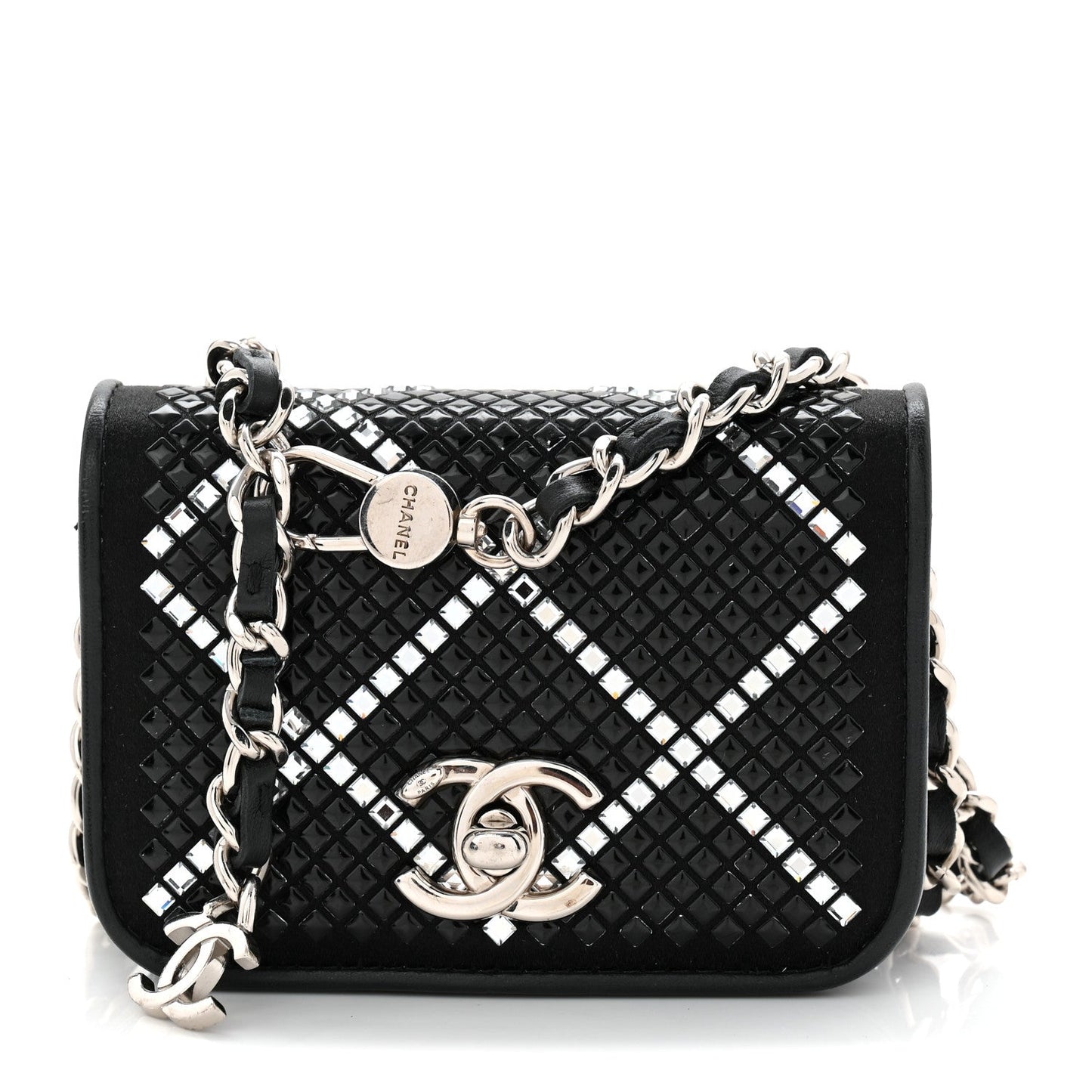 Lambskin Crystal Quilted Mini Chain Belt Bag Black