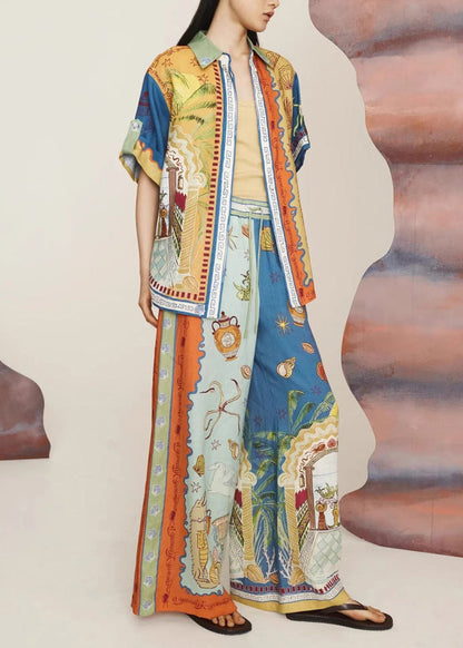 Bohemian Print Elastic Waist Shirts And Wide Leg Pants Two Pieces Set Short Sleeve