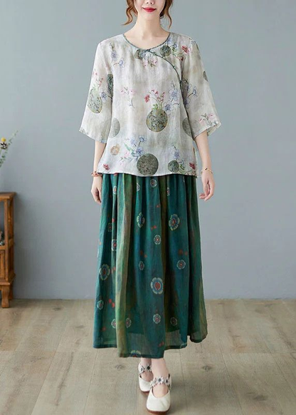 Women grey Print Ramie Elastic Waist Skirt