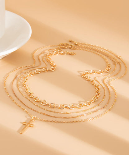 Boutique Gold Metal Alloy Multilayer Cross Pendant Necklace