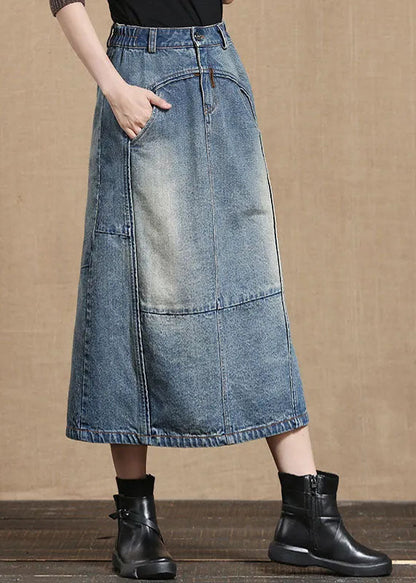 Unique Light Blue Elastic Waist Pockets Cotton Denim Skirt Cozy