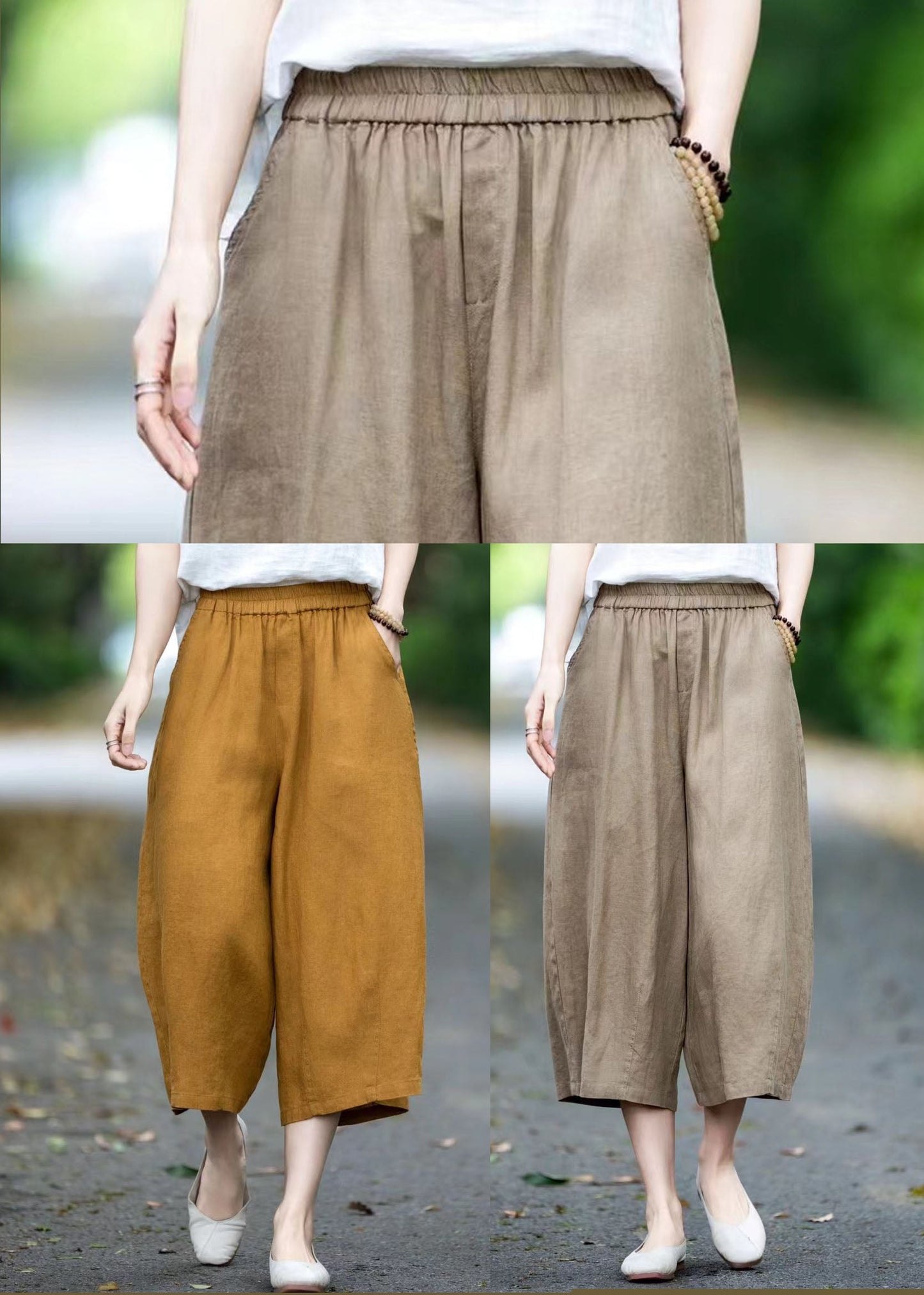 Plus Size Yellow Oversized Pockets Linen Pants Summer