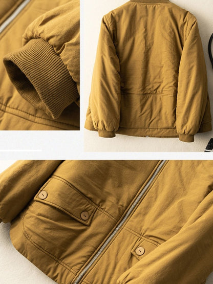 100% Natural Fabric Solid Zipper Round Neck Long Sleeve Coat