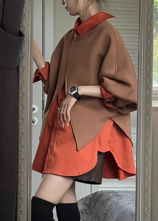 Plus Size Coffee Peter Pan Collar Sweatshirt And Shirts Two Piece Set Spring