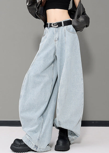 Women Blue Pockets Patchwork Denim Wide Leg Pants Fall