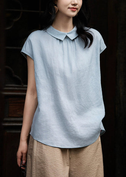Loose White Peter Pan Collar Button Solid Linen Shirt Summer