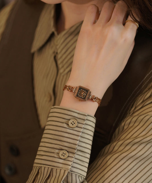 Vintage Coffee Alloy Zircon Tempered Glass Patchwork Chain Watches