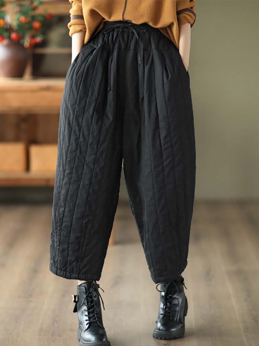 Women Striped Solid Pocket Elastic Waist Harm Pants