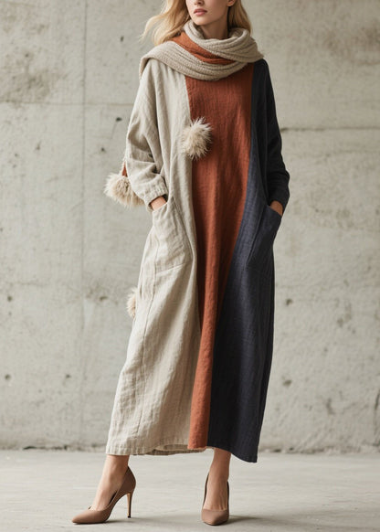 Plus Size Colorblock Pockets Patchwork Cotton Dress Fall