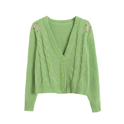 Flower embroidery V-neck short sweater cardigan  7396