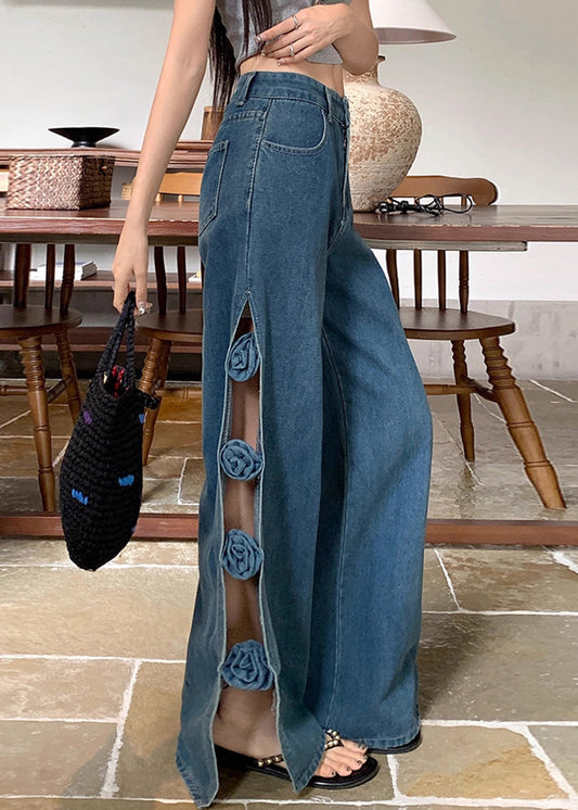 Original Design Blue Hollow Out Floral Denim Pants Fall