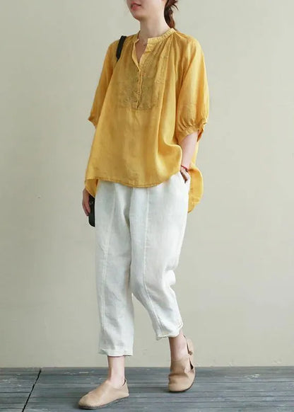 Art yellow embroidery linen tunic top v neck Button Down silhouette summer blouses