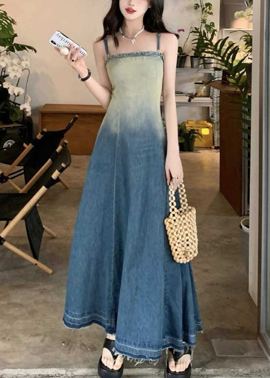 Vintage Gradient Color Original Design High Waist Denim Spaghetti Strap Dress Sleeveless
