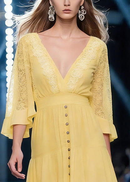 Fine Yellow V Neck Solid Mid Dress Batwing Sleeve