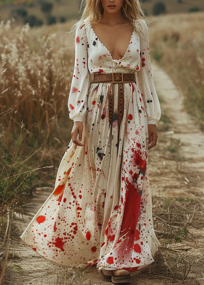 Fashion Beige V Neck Print Cotton Long Dress Spring
