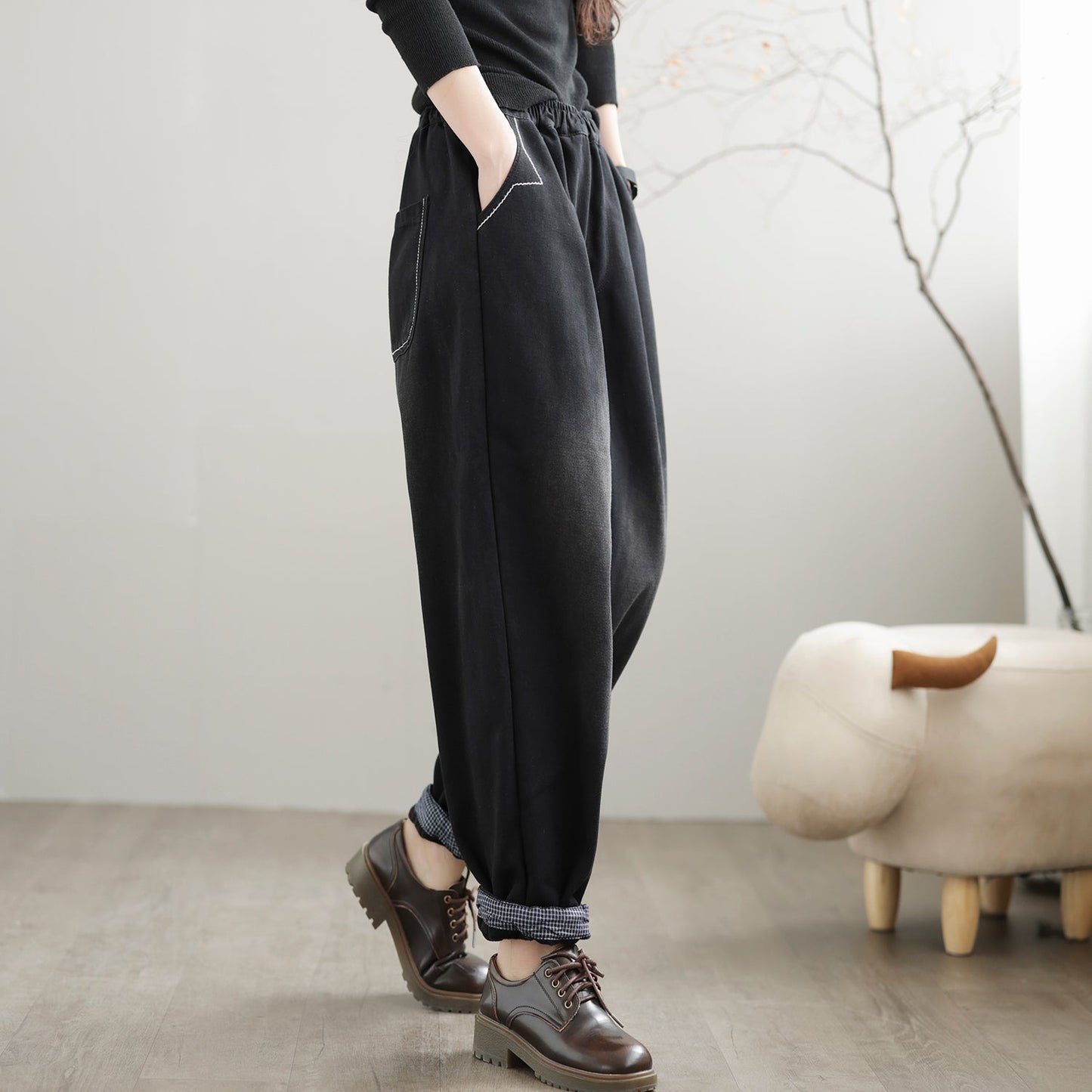 Winter Loose Retro Patchwork Casual Furred Jeans