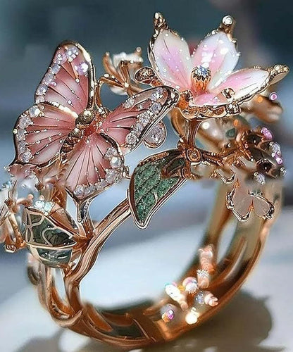Bohemian Gold Alloy Zircon Drip Glaze Butterfly Floral Rings