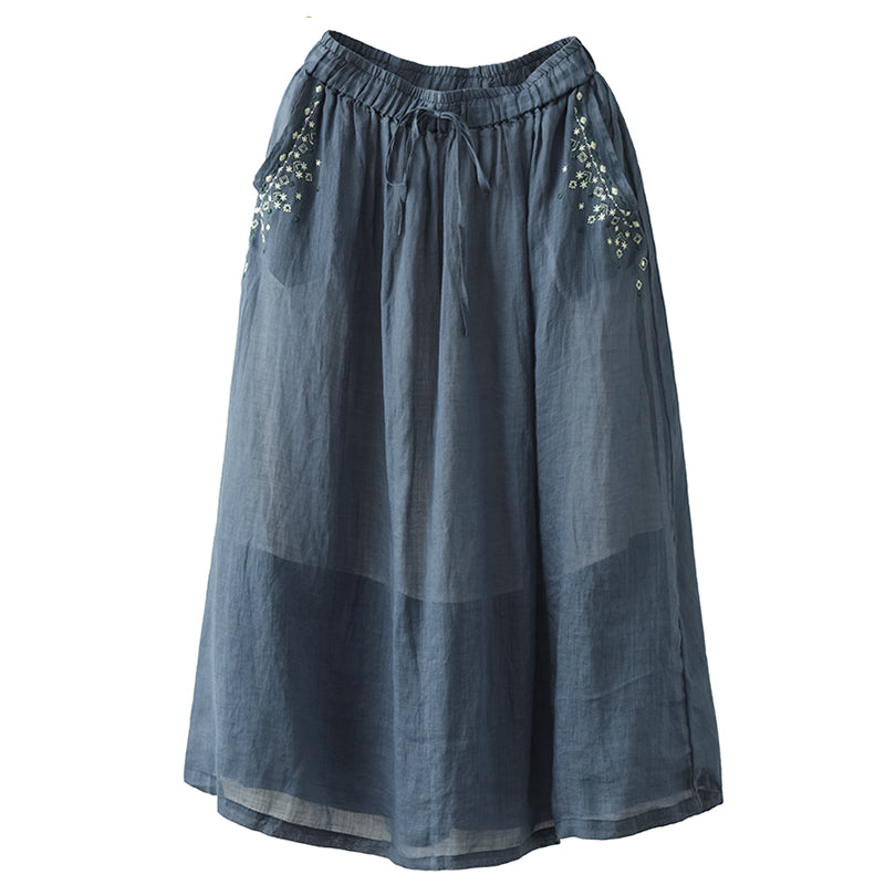 Cozy Vintage Floral Embroidery Thin Linen Skirt