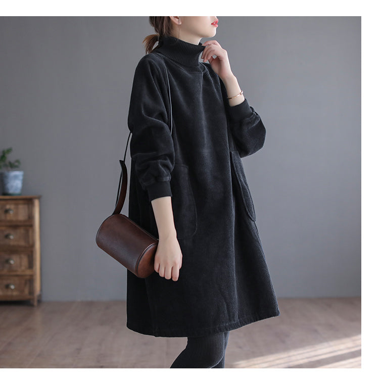 Corduroy Solid Color Plus Velvet Thick Loose Turtleneck Top
