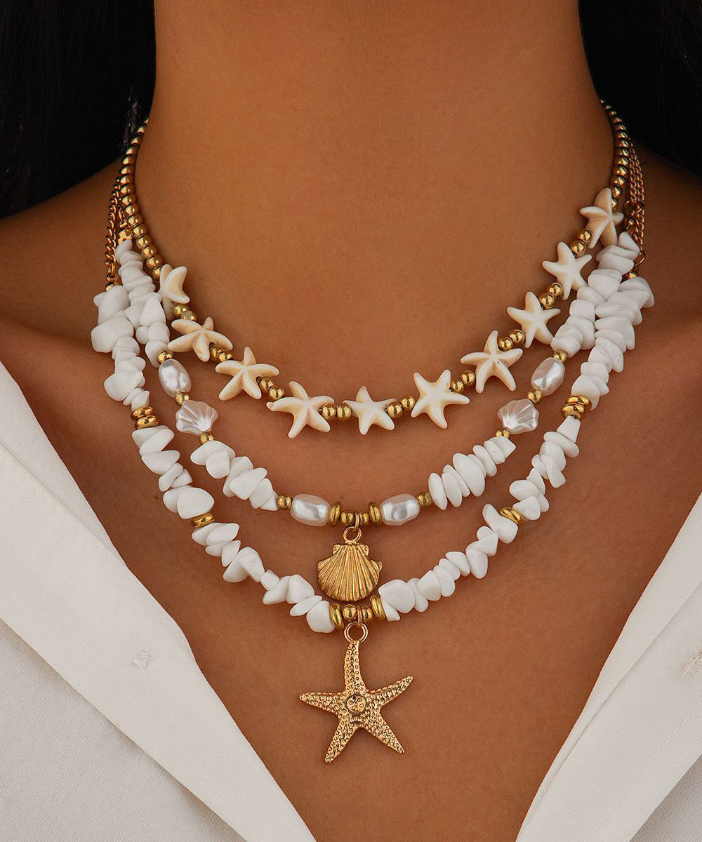 Elegant White Copper Starfish Shell Layered Pendant Necklace