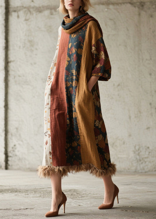 Mixed Color Patchwork Faux Fur Ankle Dress Oversized Fall