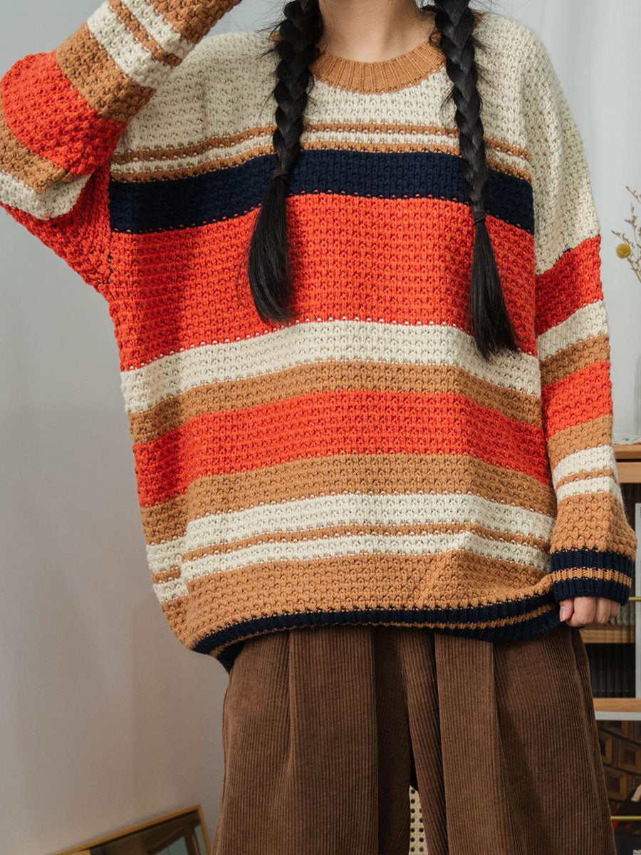 Women Japan Style Stripe Knitted Loose Sweater