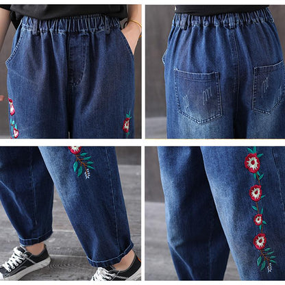 Autumn Loose Embroidery Harem Denim Trousers