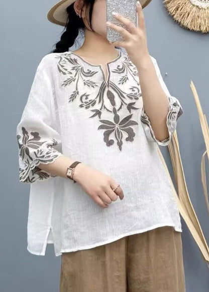 Boho White Embroidered Cotton Shirt Tops Bracelet Sleeve