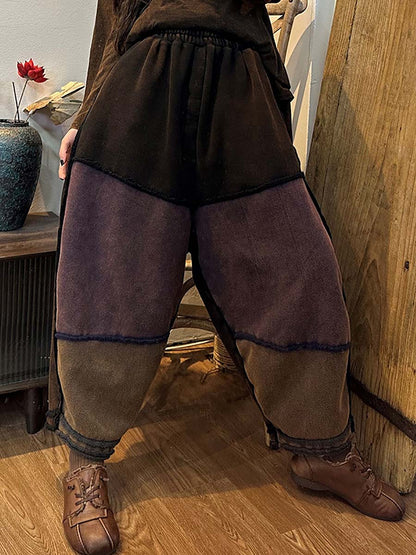 Women Vintage Cotton Elastic Waist Stitching Loose Harm Pants