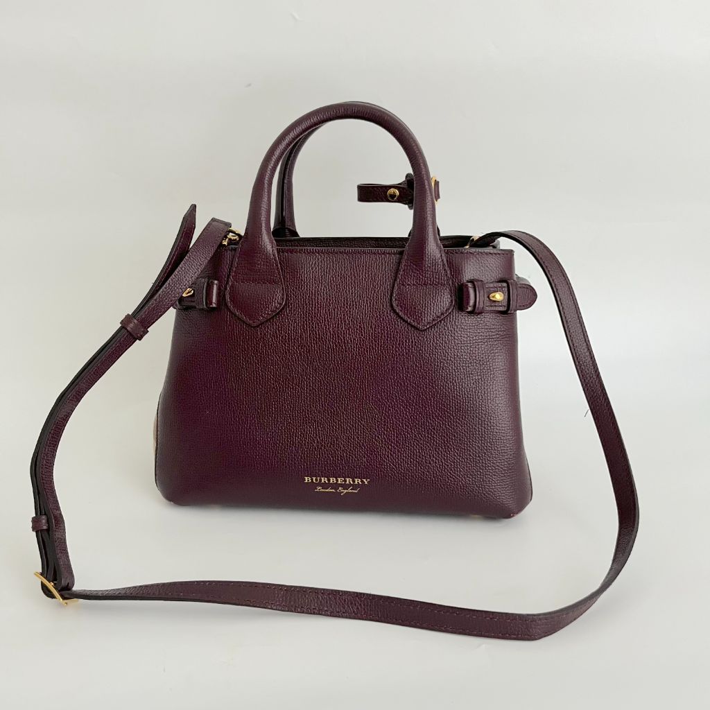 Burberry Burgundy/Beige Leather and House Check Fabric small banner tote