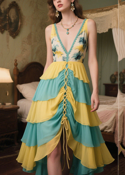Chic Patchwork Chiffon Vestidos Dresses V Neck Cross Strap Summer
