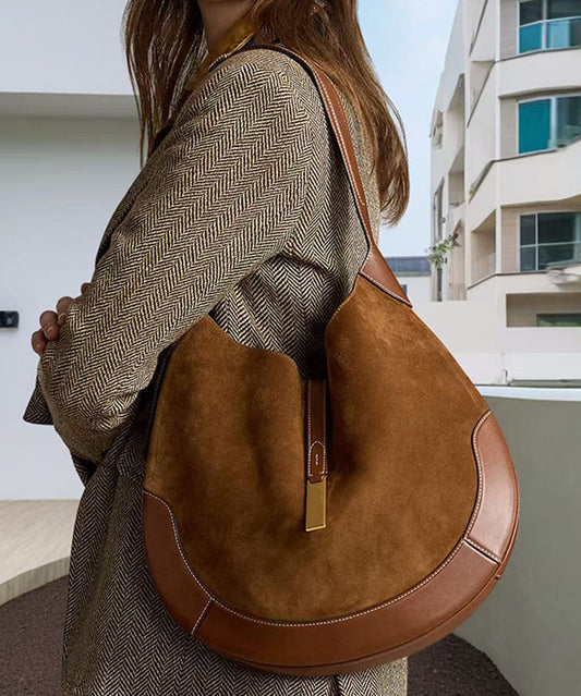 Elegant Brown Patchwork Solid Durable Fine Suede Saddle Bag