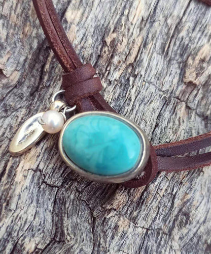 Bohemian Brown Leather Turquoise Pearl Necklace