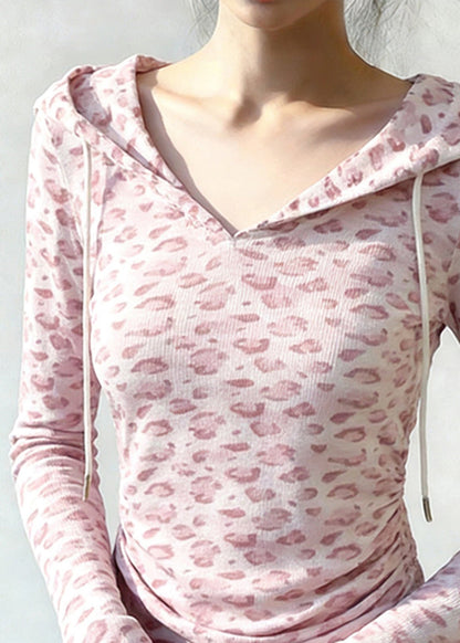 Chic Pink Hooded Leopard Print Cotton Sweatshirt Tops Spring