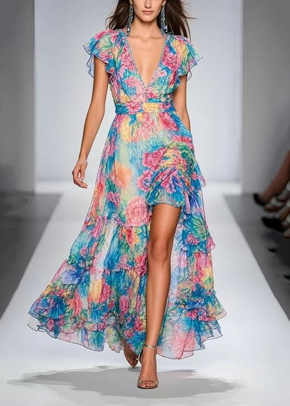 Fashion Blue Floral Print Side Open Chiffon Maxi Dresses Summer