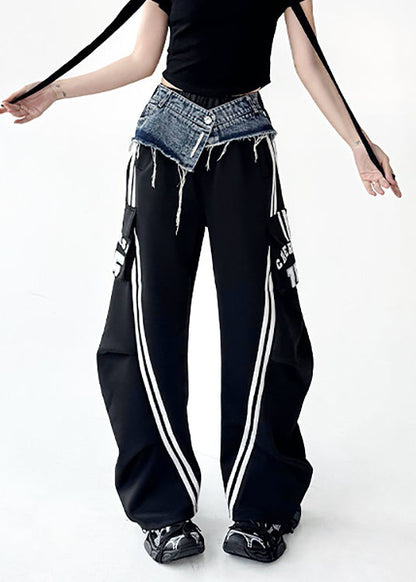 Original Design Black Denim Patchwork Cotton Wide Leg Pants Fall
