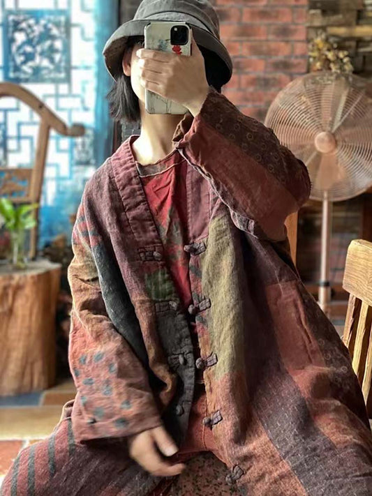 Vintage Color Block Worn Button Breasted Loose Coat